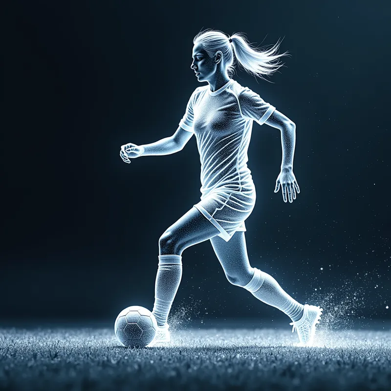 Soccer Attack in Wireframe - A detailed 2D wireframe image of a female soccer player on a digital pitch, with the ball at her feet and eyes focused on the goal. - AI image generated with Photorealistic 2 - minimalist line art, double exposure, master shot