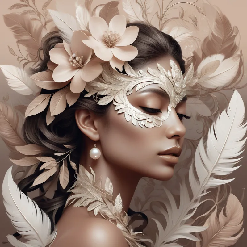 Soft Gold Botanica - A luxurious digital painting inspired by botanical fantasy, showing a woman in right-facing profile embedded within an ornate arrangement of flowers and feathers. Her smooth tan skin and subtle makeup are enhanced by a delicate leaf-like mask. Surrounding her are large blossoms with intricate petal structures, soft stamens, pale feathers, and elegant pearl-touched vines, all composed in a monochrome palette of warm neutrals and soft gold accents for a cohesive, dreamlike aesthetic. - AI image generated with Photorealistic