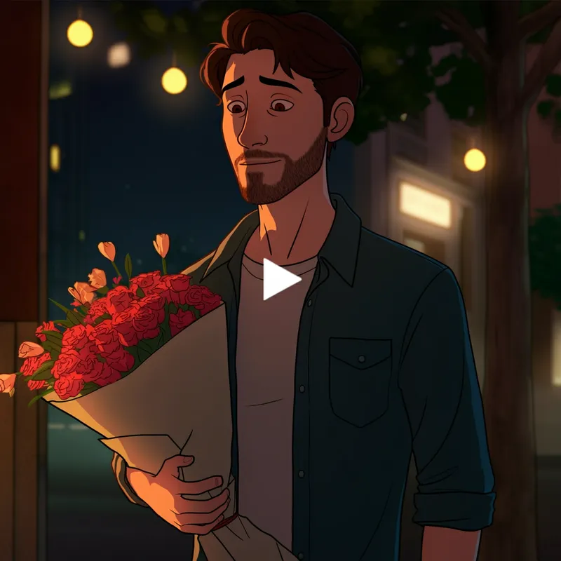 Soft Lights, Second Chances - A romantic animated music video about a man realizing he needs to treat his partner better. The story begins with subtle emotional distance in the relationship, shown through quiet moments and reflective expressions. As the song progresses, he begins to understand her value and decides to make heartfelt changes. Scenes show him buying a beautiful bouquet of flowers, planning thoughtful date nights, and making sincere efforts to reconnect. Include warm lighting, intimate city evening scenes, cozy restaurant dates, handwritten notes, gentle smiles, and emotional growth. The visual style should be cinematic, tender, and heartfelt, with soft color tones, dreamy transitions, and a strong sense of love, regret, and redemption.
Do you want it to feel more realistic, cinematic, or fully animated? - AI image generated with Imagen 3
