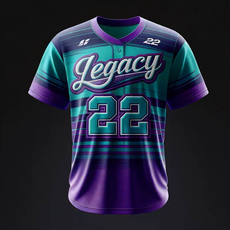 Softball Jersey - LEGACY22 purple and teal softball jersey - AI image generated with Art