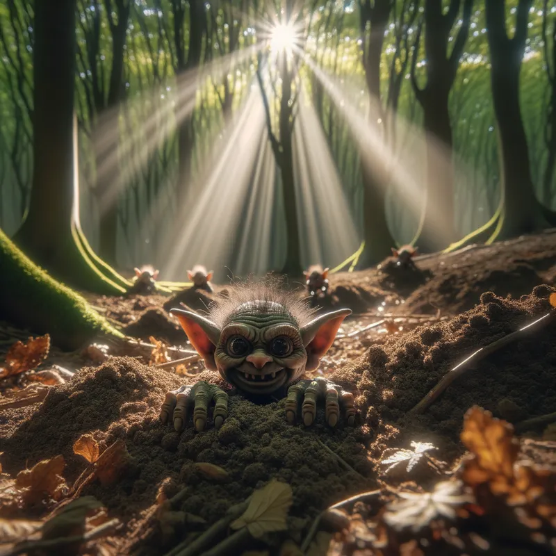 Soil Dwellers - Small, mischievous goblin-like beings crawling out from the earth in a shadowed woodland, rays of sunlight piercing through the canopy. - AI image generated with Art