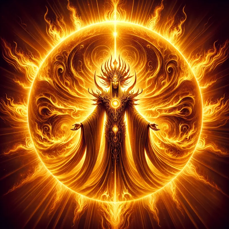 Solar Deity - An imposing figure radiating golden light, standing in the center of a bright, fiery sun. The deity has a crown made of sun rays, and their robes are made of flames and light. - AI image generated with Art