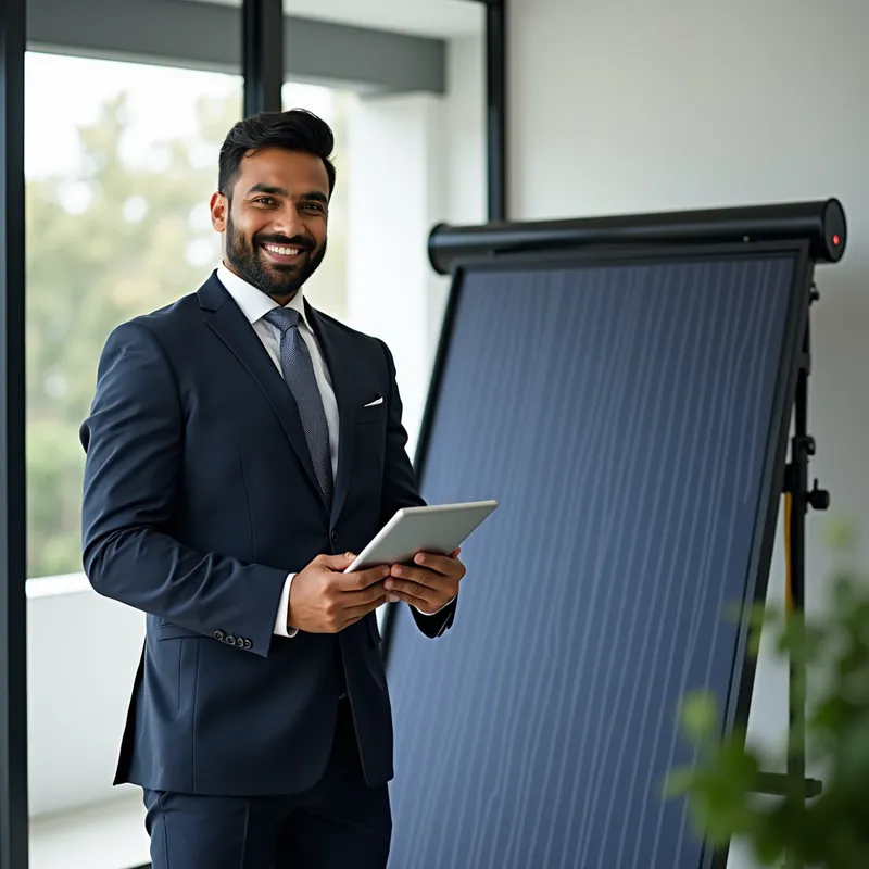 Solar Entrepreneur - An imposing, attractive Indian man with a strong physique, dressed in elegant business attire, standing next to a state-of-the-art solar hot water heater. He is smiling confidently, holding a high-tech tablet, indicating his success in selling these innovative products to engineers. - AI image generated with Photorealistic 2