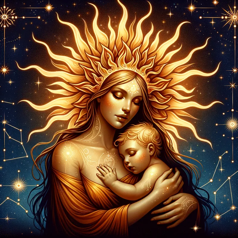 Solar Guardian - The sun goddess, depicted with a flaming crown and glowing skin, gently holding a child. They are set against a backdrop of a vast sky filled with constellations and an endless horizon, symbolizing protection and guidance. - AI image generated with Art