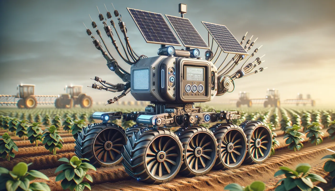 Solar-Powered Agricultural Robot - A medium-sized robot with a reinforced frame and sturdy wheels, capable of navigating through rows of crops without causing damage. It features solar panels on its body, climate sensors, a vision system, multiple functional arms, and detachable tools. - AI image generated with Art