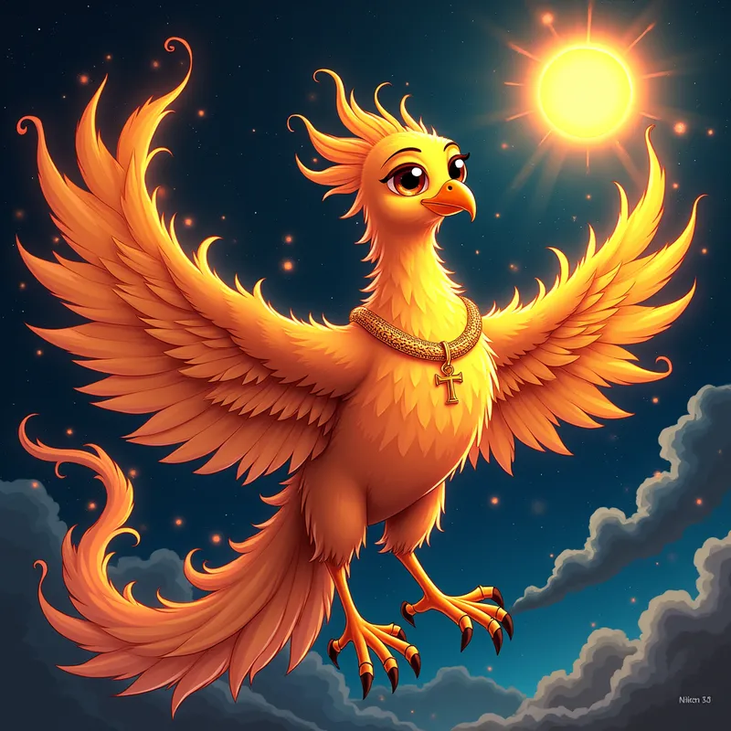 Solarflare Ankh Guardian - Depicts a big-eyed, bubbly phoenix as the main focus against a vast space backdrop. The mythical bird is wreathed in flowing, otherworldly flames. A luminous gold chain with a glowing ankh pendant adorns its neck. Solar flares arc from a nearby sun, with streams of light visibly channeled into the phoenix, empowering and rejuvenating it amidst swirling nebulae. - AI image generated with Photorealistic 2 - water splashes, highlights: Nikon D700, Nikkor 50mm 1.8, cartoony