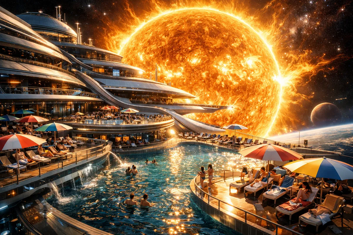 Solaris Swim Deck - A grand interstellar vessel near the Sun, featuring expansive pool terraces, bright beach umbrellas, and swimmers enjoying a surreal holiday in space, with dramatic reflections, glowing solar corona, and detailed futuristic architecture. - AI image generated with GPT Image