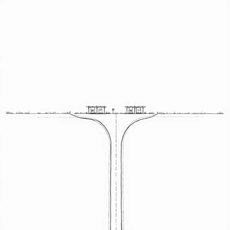 Solitary Exit and Tollway - An abstract depiction of a single-lane road splitting into a deserted exit ramp and a straight road passing through abandoned toll booths, with nothing but a plain white background. - AI image generated with Photorealistic 2 - minimalist line art