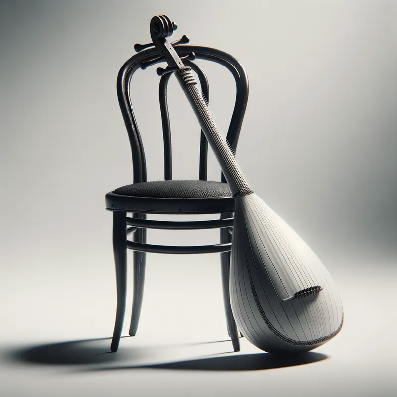 Solitary Symphonist - Envision a long baglama left mid-composition, resting against a vintage black chair, as if its player just stepped away. A clean white background serves to isolate and emphasize the instrument's lone presence. - AI image generated with Art