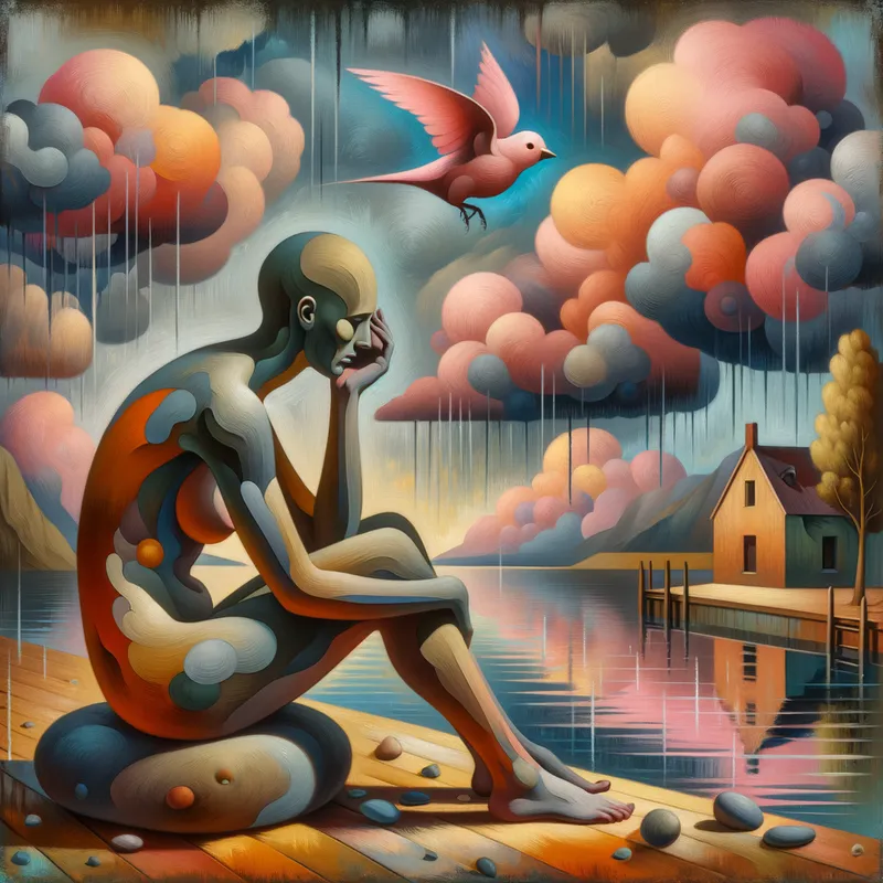 Solitude - sad bald headed light brown coloured woman sitting on a rock at a lake .I cannot see her face. Pink sparrow sitting on a nearby rooftop.
It is raining and the clouds are pink.
 - AI image generated with Art - abstract, Pablo Picasso