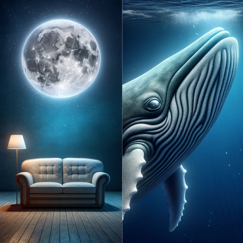 Solitude's Reflection - The sofa represents loneliness.skin moon.and skin whale. - AI image generated with Art
