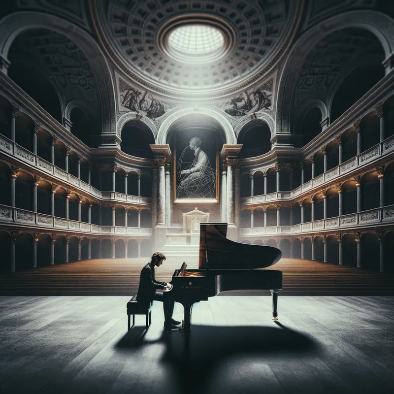 Solo Pianist in a Grand Hall - A lone pianist performing on a grand piano in a magnificent, empty concert hall, with elegant architecture and dim, atmospheric lighting. - AI image generated with Art - Giger, dark tones, antique wall portrait