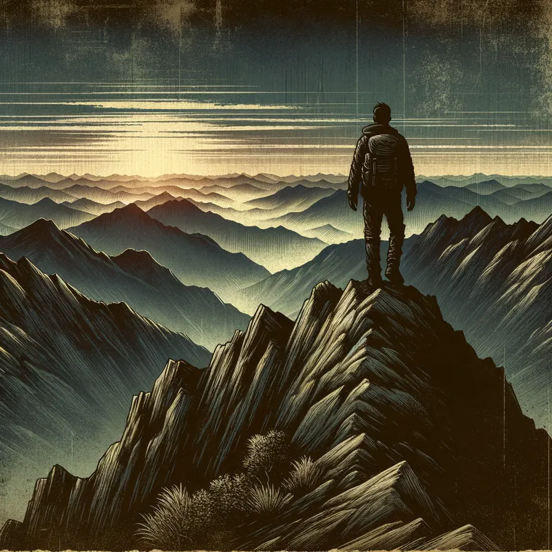 Solo Traveler in the Mountains - A solitary hiker standing at the peak of a rugged mountain range during sunrise, with the vast landscape stretching out below them. - AI image generated with Art - Giger, dark tones, antique wall portrait