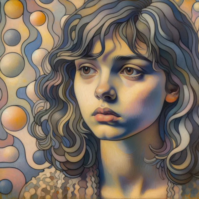 Somber Fauve Portrait - A young woman rendered in the tradition of Fauvism, painted with subdued, melancholic colors. The composition features strong, patterned shadows that fall across her contemplative face, set against a surreal background of softly blended amoeba-like abstract shapes. - AI image generated with Art
