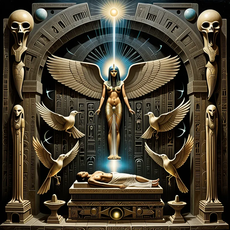 Song of Resurrection - A symbolic resurrection tableau inspired by Canticle for Osorronnophris, a sarcophagus opening with luminous energy, divine birds circling overhead, sacred beams of light piercing temple darkness, ornate Egyptian-inspired detail, spiritual rebirth theme, epic cinematic visual - AI image generated with Fictional - Giger