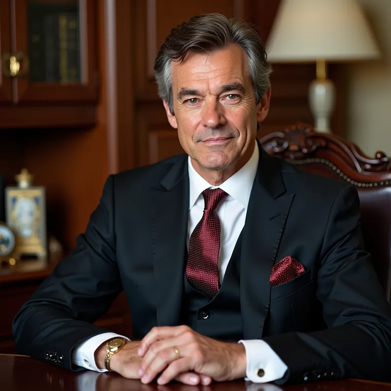 Sophisticated Businessman - A distinguished middle-aged man wearing a luxurious suit. His brown hair with gray strands adds to his refined appearance as he sits in a lavishly furnished office, surrounded by wealth. - AI image generated with Photorealistic 2