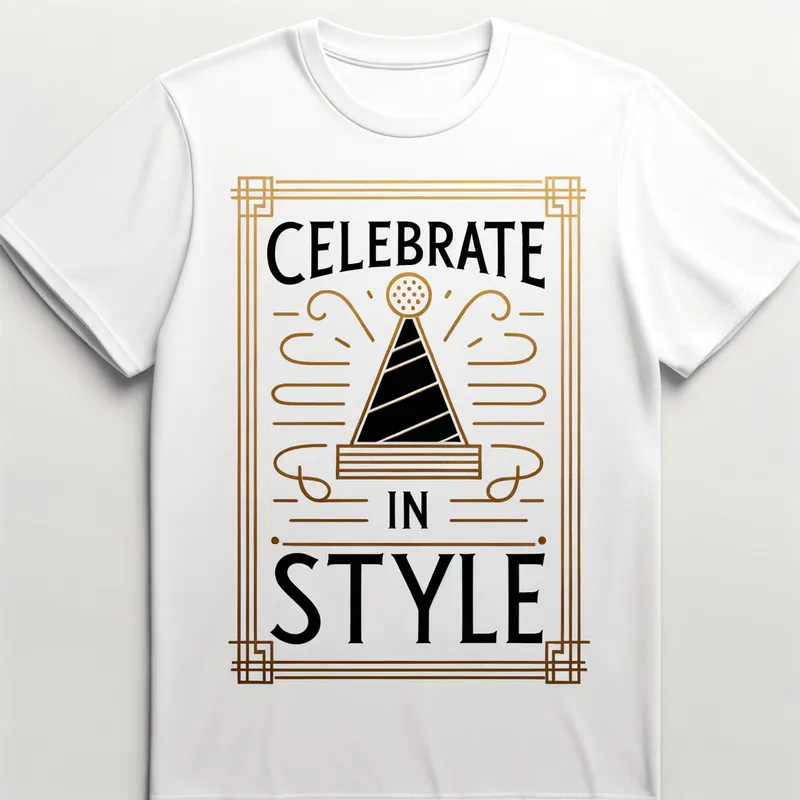 Sophisticated Celebration - A classy t-shirt design with a minimalist approach, showcasing a thin gold border and a single line drawing of a birthday hat over the text 'Celebrate in Style'. - AI image generated with Art