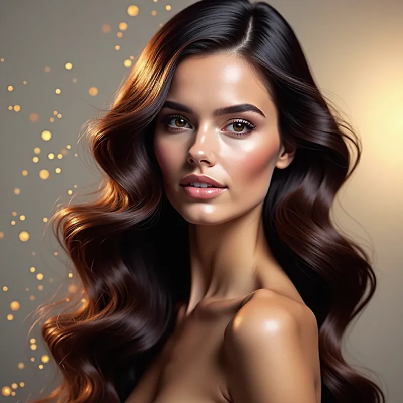Sophisticated Highlighted Mane - Background image:
A feminine mane in a sophisticated style, with highlighted streaks. The hair has dark and light tones that emphasize an elegant contrast, with shiny highlights that add dimension and depth.

Visual elements:

A soft light illuminating the hair, with a blurred background in neutral tones (beige or light gray) so that the hair is the main focus.
Include small golden brushes or delicate lines around the text to add a touch of sophistication.
Complementary text:
"Advanced coloring technique that transforms your style with a dynamic and sophisticated effect." - AI image generated with Text