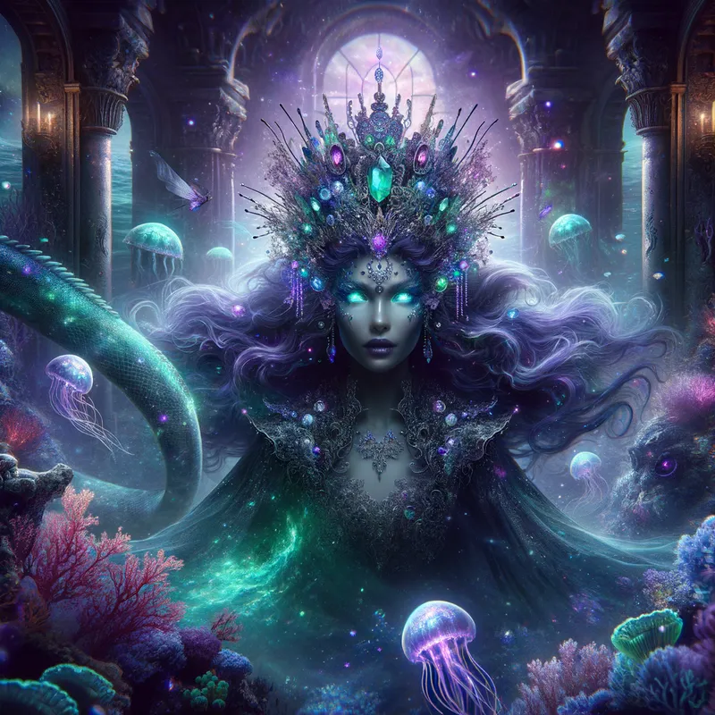 Sorceress of the Abyss - A dark fantasy mermaid princess wielding ancient, magical power in a world tinged with ethereal purple hues. Her eyes glow with arcane knowledge as she commands the creatures of the deep. - AI image generated with Art