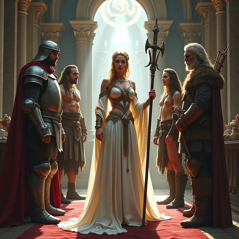 Sorceress with Her Guardians - A captivating sorceress stands in a throne room, exuding power and grace. She is addressed by a stalwart knight clad in chainmail with a mace in hand. Beside the knight, a rugged male barbarian in a loin cloth brandishes a broad sword. On her right, a sharp-eyed ranger in leather armor holds a bow. - AI image generated with Photorealistic 2
