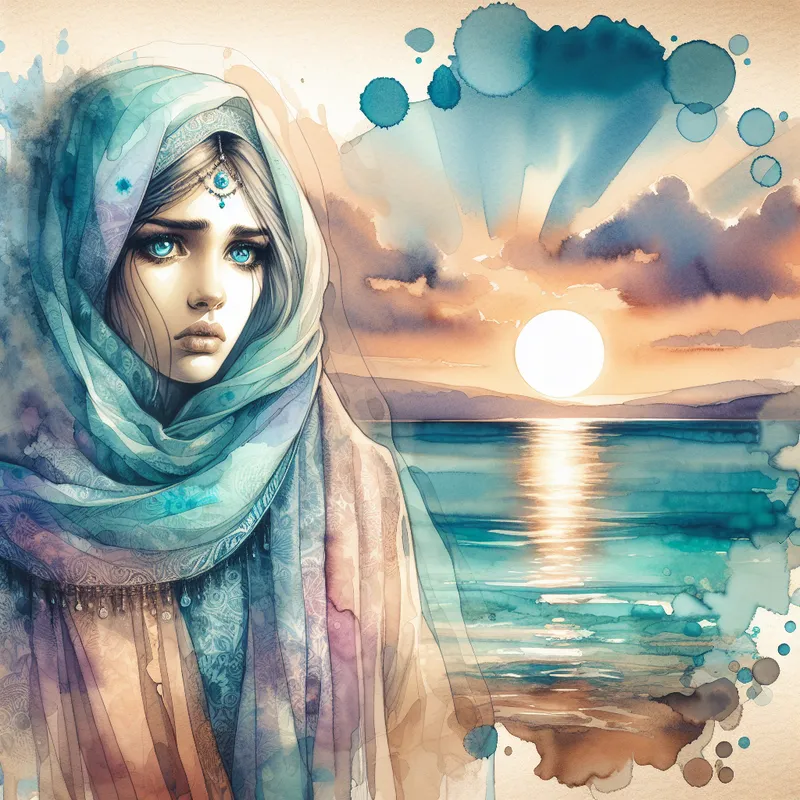 Sorrow's Serenity - Watercolor painting with alcohol splotches, full length portrait in sepia tones, closeup of a very sad woman with colorized blue eyes, ocean at sunset, broad expansive sun glow beams reflecting on still ocean water, her dress flowing in the wind, color changed to pale blue, ocean color changed to turquoise, sky color changed to peach. - AI image generated with Art - watercolor
