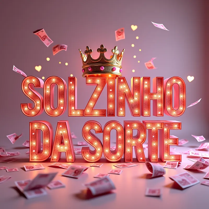 Sorteza Pink Splendor - A visually stunning 3D rendering illustration with the Portuguese name "SOLZINHO DA SORTE" written in ornate and majestic pink letters. The name glows warmly, accented by the sparkling banknotes that adorn each letter. A crown with stones gracefully sits above the name, with various pink banknotes flying around, illuminated by small lights and a sprinkle of small cream hearts shining. Many pink banknotes are flying. - AI image generated with Text