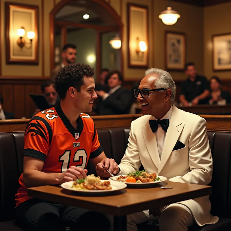 Soulful Supper - Ray Charles, looking dapper in a crisp white suit with a black bow tie, enjoying a meal with Jake Browning, who is casually sporting his Cincinnati Bengals jersey. The scene is set in a cozy, ambient bistro with a soft jazz band playing in the background. - AI image generated with Photorealistic 2