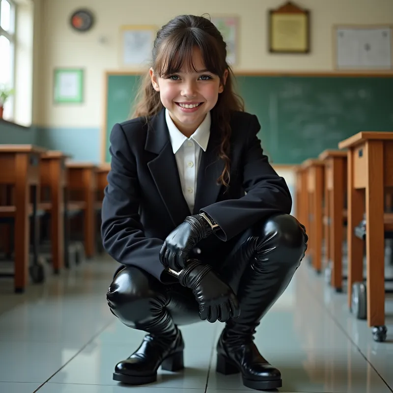 Sourire charmeur d'une écolière en cuir - A stylish teenage schoolgirl outfitted in a pristine school uniform with glossy black leather gloves, form-fitting and stiff leather pants, and tall shiny riding boots stands in a classroom, crouching and looking directly at the viewer with an engaging smile. - AI image generated with Photorealistic 2