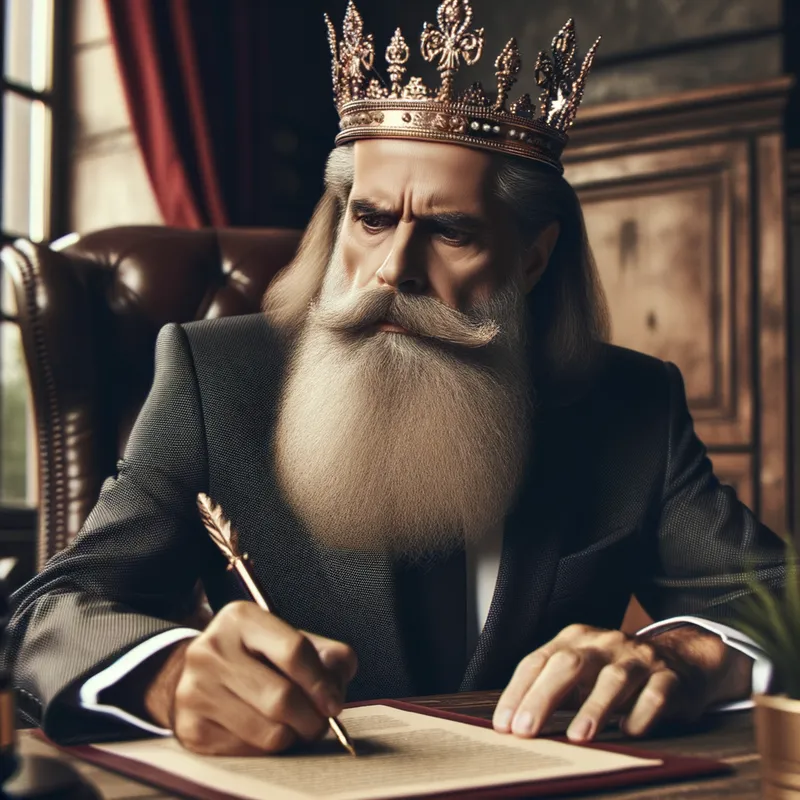 Sovereign's Command - Depiction of a mature king, aged fifty, featuring a long beard and crown, with a stern expression as he pens a significant decree at his desk. - AI image generated with Art