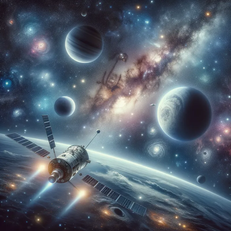 Space Exploration - A stunning view of outer space with a spacecraft traveling through the stars. Planets of different sizes and colors are visible in the background, along with distant galaxies and nebulae, showcasing the vastness of the universe. - AI image generated with Art