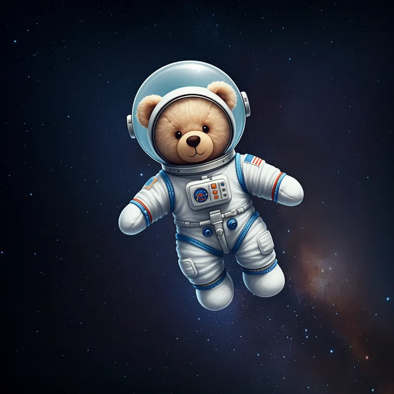 Space Explorer Teddy Bear - A teddy bear in a spacesuit floating among the stars, exploring the depths of space, clearly distinguished from an ordinary bear. - AI image generated with Imagen 3