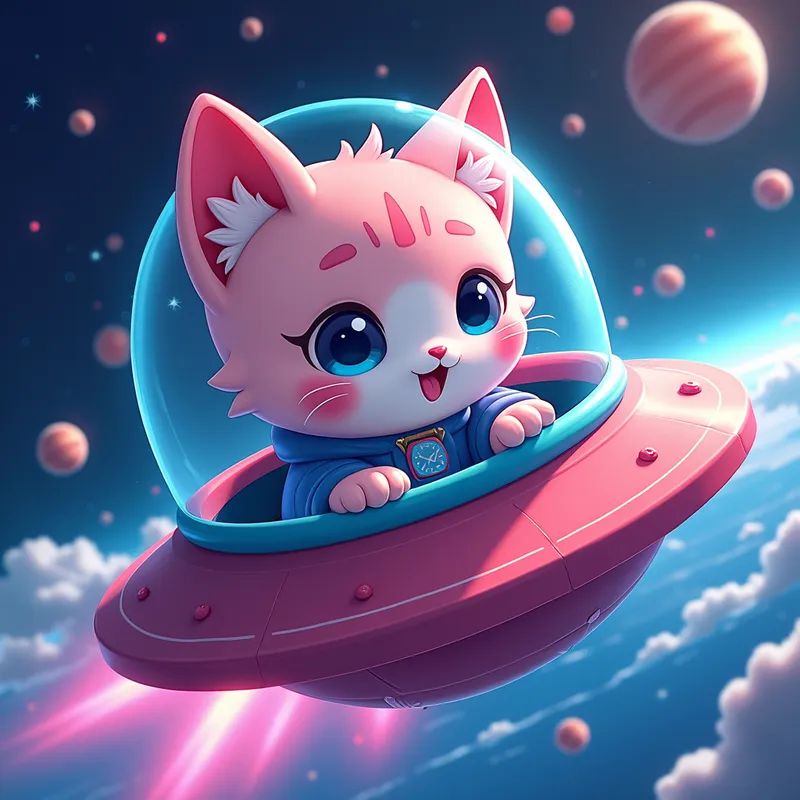Spacefaring Anime Cat - An endearing pink and blue anime cat navigating a spaceship through outer space, with colorful planetary rings, shooting stars, and celestial phenomena in the background. - AI image generated with Photorealistic 2 - abstract, water splashes, vivid colors