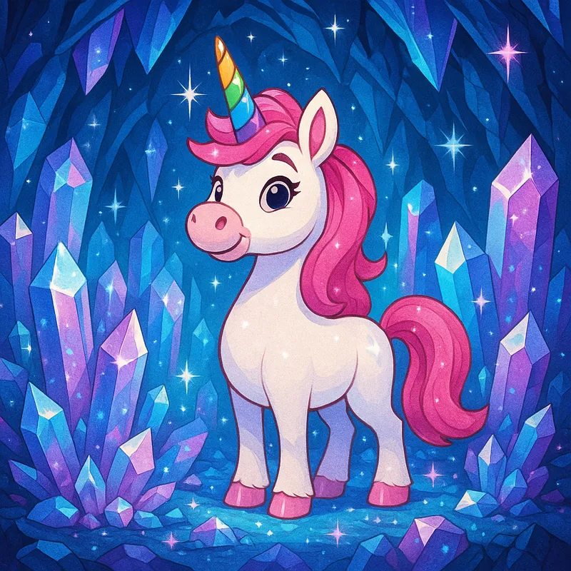 Sparkles and the Crystal Cave - In a stunning crystal cave, Sparkles, the bipedal unicorn with white fur, pink hair, and a rainbow horn, standing majestically among sparkling crystals and reflecting lights. - AI image generated with GPT Image - cartoony