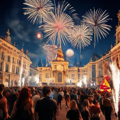 Sparkling New Epoch - An image depicting a grand celebration in a vibrant, illuminated city square, with fireworks and happy people, marking the beginning of a new era.