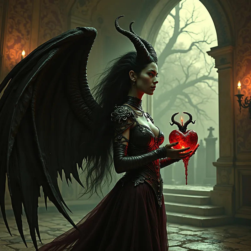 Spectral Heart Demoness - A demoness of captivating, ethereal beauty stands in a chamber dimly lit by glowing runes. Her skin, a mesmerizing blend of midnight black and crimson, contrasts with her malevolent emerald eyes. A sharp, knowing smile reveals her cunning. Her flowing hair, resembling liquid night, complements her armor forged from bone and shadow, which pulses with life. In her grasp, she holds a spectral heart surrounded by a halo of dark blood. Her vast, tattered wings stretch behind her, a heart-wrenching tapestry of decay. The ancient chamber is adorned with decaying tapestries, and a window reveals a moonlit graveyard with twisted trees and tombstones, evoking an atmosphere of melancholy and power. - AI image generated with Photorealistic 2 - cyberpunk, dynamic pose, photorealistic