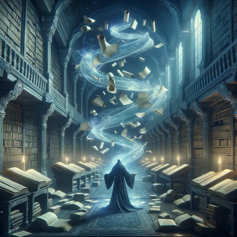Spectral Storage - A mystical library with ancient tomes, where a wizard is casting a spell, causing scrolls to levitate and dissolve into a spectral, shimmering 'S'-shaped archive in mid-air. - AI image generated with Art