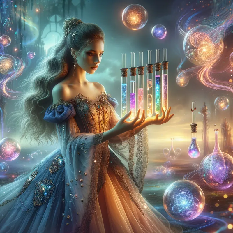 Spectrum Sorceress - A lady dressed in a mystical gown holds intricately designed glass tubes emitting various colored lights. She stands in a fantastical landscape, surrounded by floating orbs and swirling colors, suggesting a magical realm where science and enchantment intertwine. - AI image generated with Art