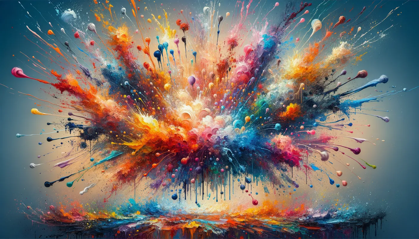 Spectrum Splash - An image depicting a wild burst of paint splashes across a canvas, where every hue is represented in a spectrum of vibrant splatters, drips, and blobs, giving the impression of a colorful fireworks display. - AI image generated with Art - oil art