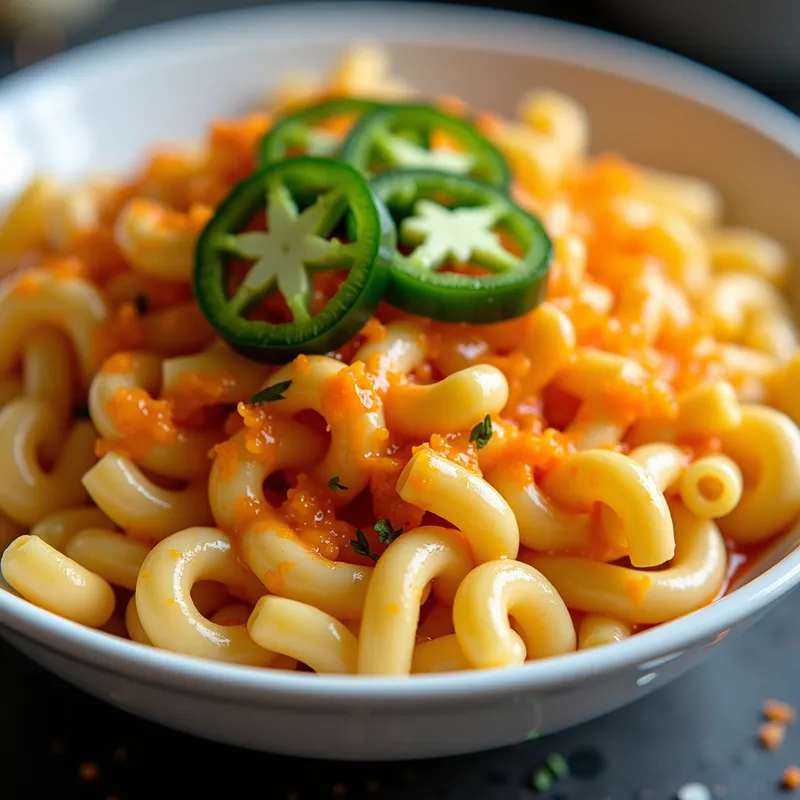 Spicy Jalapeno Mac and Cheese - A vibrant bowl of spicy jalapeno mac and cheese, incorporating diced jalapenos and pepper jack cheese. Garnished with slices of fresh jalapeno and a drizzle of hot sauce. - AI image generated with Photorealistic 2