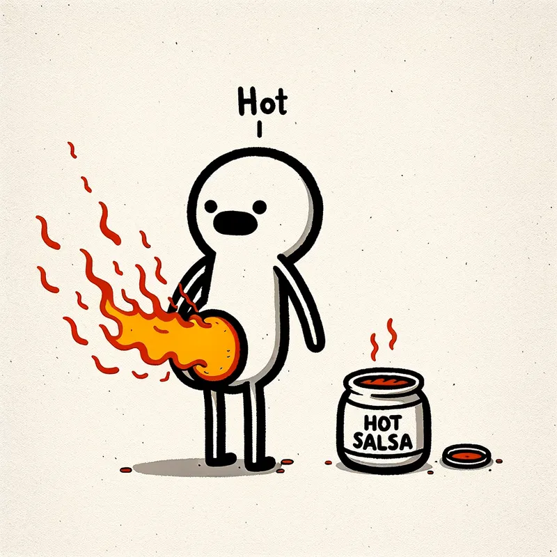 Spicy Reaction - A simple stick figure shooting fire from his butt after ingesting hot salsa - AI image generated with Art