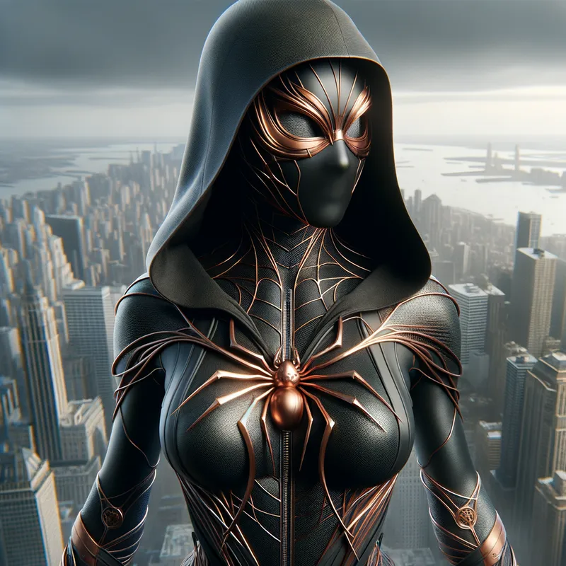 Spiderwoman Cityscape - Realistic scene of Spiderwoman perched on a building with a cityscape background. The matte black suit is adorned with metallic copper web-line patterns and a simple abstract copper spider symbol on her chest. The attached hood flows gently in the wind, and the copper belt-line pattern decorates her waist. Classic eye lenses and a full face mask complete her heroic look. - AI image generated with Art - photorealistic, master shot
