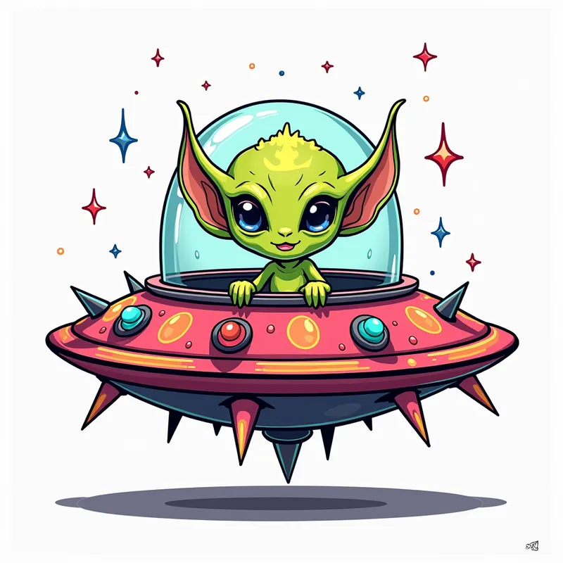 Spiky Alien Spaceship Odyssey - line art illustration of an intricately detailed cute cartoon alien in a highly detailed, brightly coloured flying saucer covered in spikes and coloured lights.  in front of a white background. the spaceship has a glass dome on top. - AI image generated with Photorealistic 2