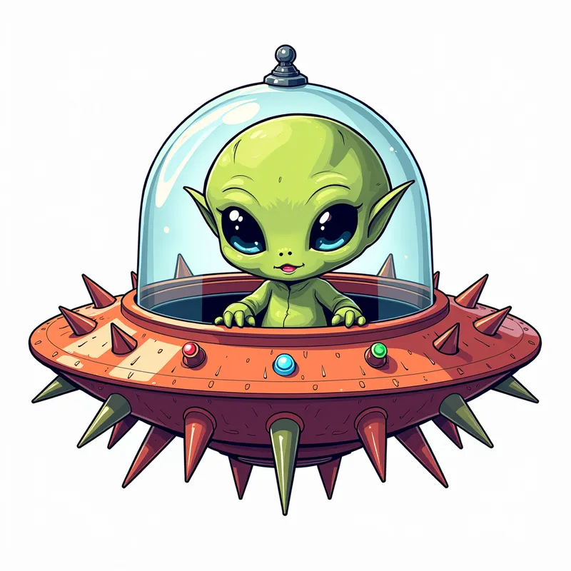 Spiky Alien Spaceship Odyssey - line art illustration of an intricately detailed cute cartoon alien in a highly detailed, brightly coloured flying saucer covered in spikes and coloured lights.  in front of a white background. the spaceship has a glass dome on top. - AI image generated with Photorealistic 2