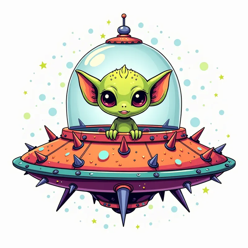 Spiky Alien Spaceship Odyssey - line art illustration of an intricately detailed cute cartoon alien in a highly detailed, brightly coloured flying saucer covered in spikes and coloured lights.  in front of a white background. the spaceship has a glass dome on top. - AI image generated with Photorealistic 2
