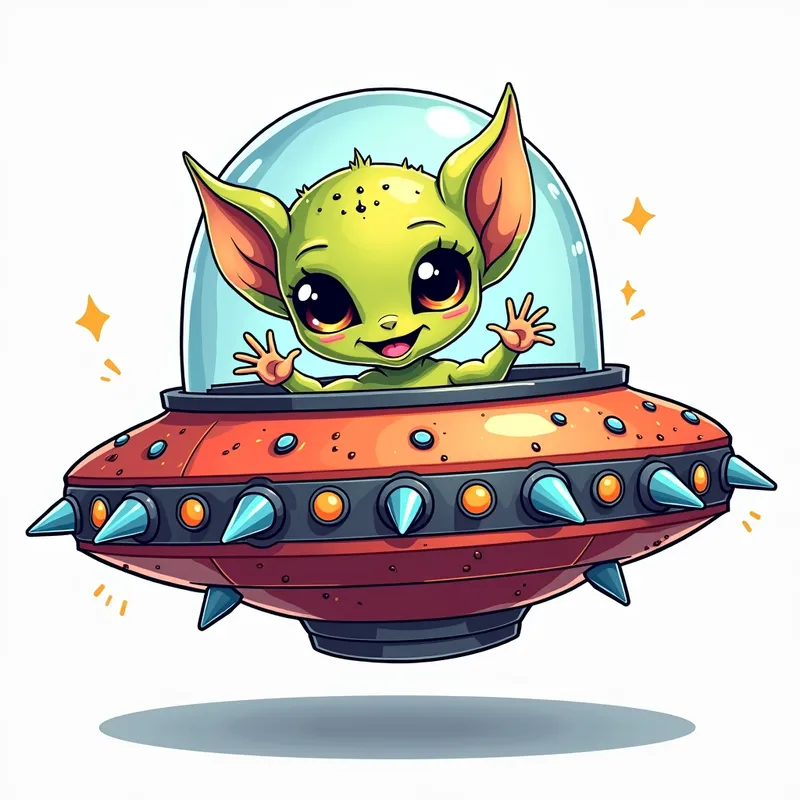 Spiky Alien Spaceship Odyssey - line art illustration of an intricately detailed cute cartoon alien in a highly detailed, brightly coloured flying saucer covered in spikes and coloured lights.  in front of a white background. the spaceship has a glass dome on top. - AI image generated with Photorealistic 2