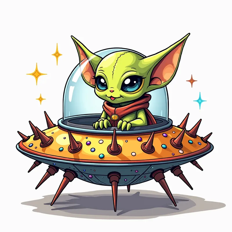 Spiky Alien Spaceship Odyssey - line art illustration of an intricately detailed cute cartoon alien in a highly detailed, brightly coloured flying saucer covered in spikes and coloured lights.  in front of a white background. the spaceship has a glass dome on top. - AI image generated with Photorealistic 2