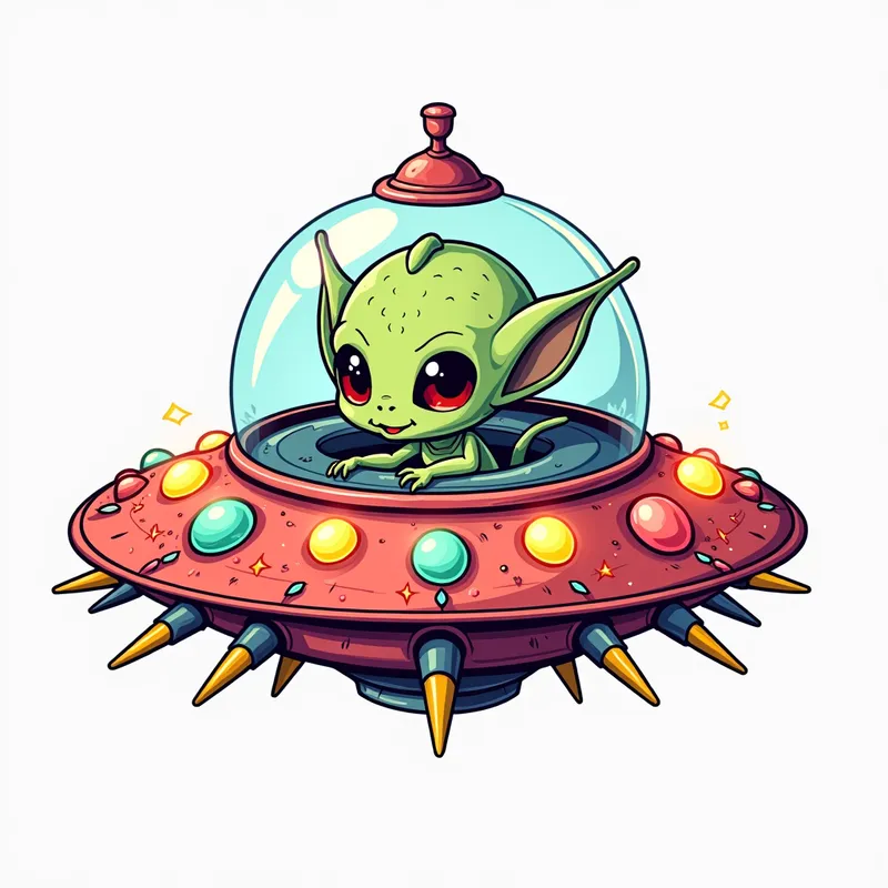 Spiky Alien Spaceship Odyssey - line art illustration of an intricately detailed cute cartoon alien in a highly detailed, brightly coloured flying saucer covered in spikes and coloured lights.  in front of a white background. the spaceship has a glass dome on top. - AI image generated with Photorealistic 2