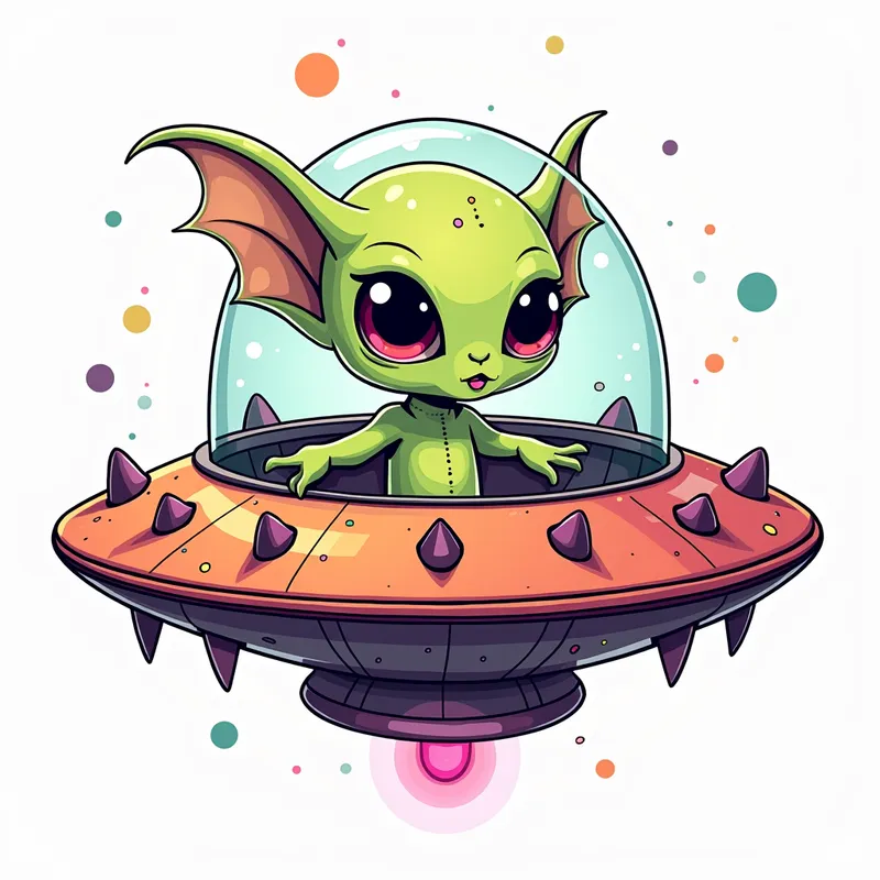 Spiky Alien Spaceship Odyssey - line art illustration of an intricately detailed cute cartoon alien in a highly detailed, brightly coloured flying saucer covered in spikes and coloured lights.  in front of a white background. the spaceship has a glass dome on top. - AI image generated with Photorealistic 2