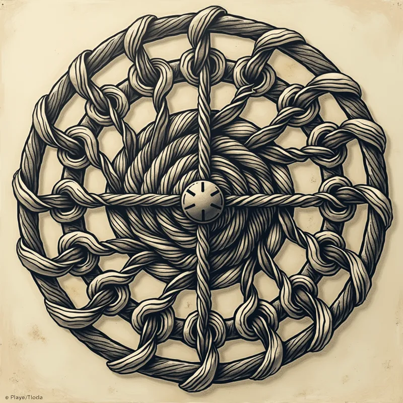 Spiral Strings Sigil - An intricate sigil with strings coiled in a spiral pattern that hints at the art of manipulation and intricate control. - AI image generated with Photorealistic 2