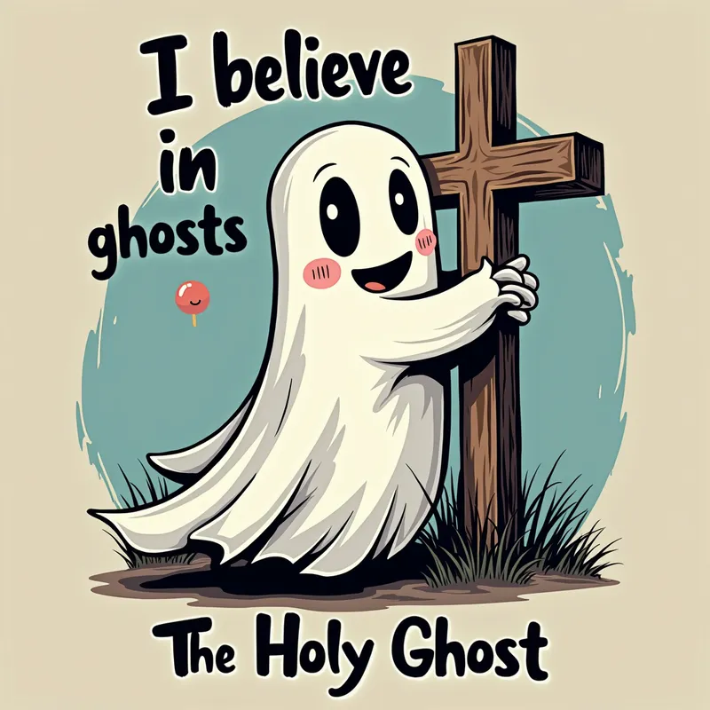 Spirit Chatter - An amusing shirt design that depicts a comical ghost interacting with a cross. 'I believe in ghosts, The Holy Ghost' is written in a fun, catchy font that combines a light-hearted feel with a message of faith. - AI image generated with Photorealistic 2